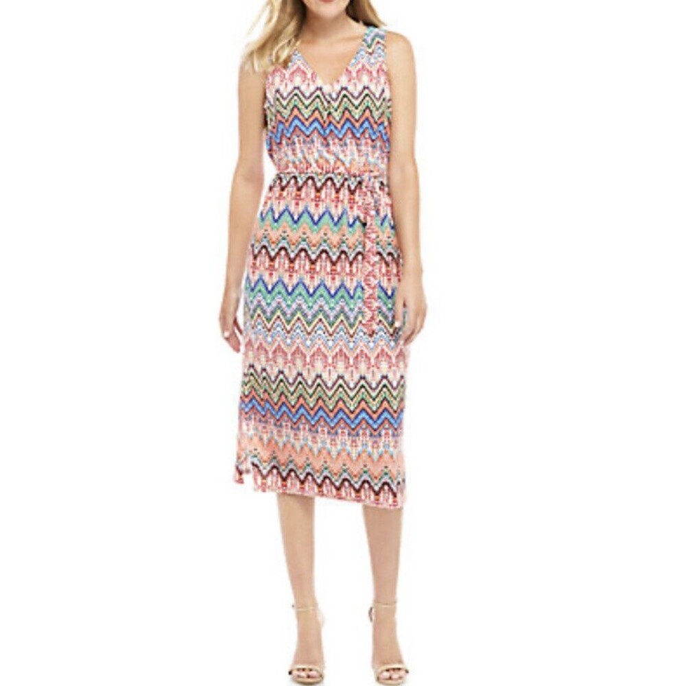 Nine West Dress Size 6 Midi Sleeveless Chevron with Sash Multi Jersey V-Neck New